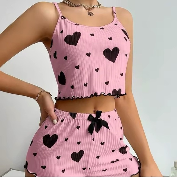 None Other - 2 Piece Pink Hearts PJ Set